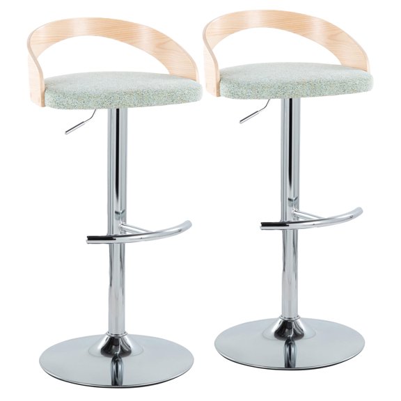 Barstool with Swivel and Adjustable Height, Light Green Fabric Upholstery, Chrome Metal Base with Rounded T Footrest and Natural Wood Accents for Kitchen Island or Bar, Set of 2