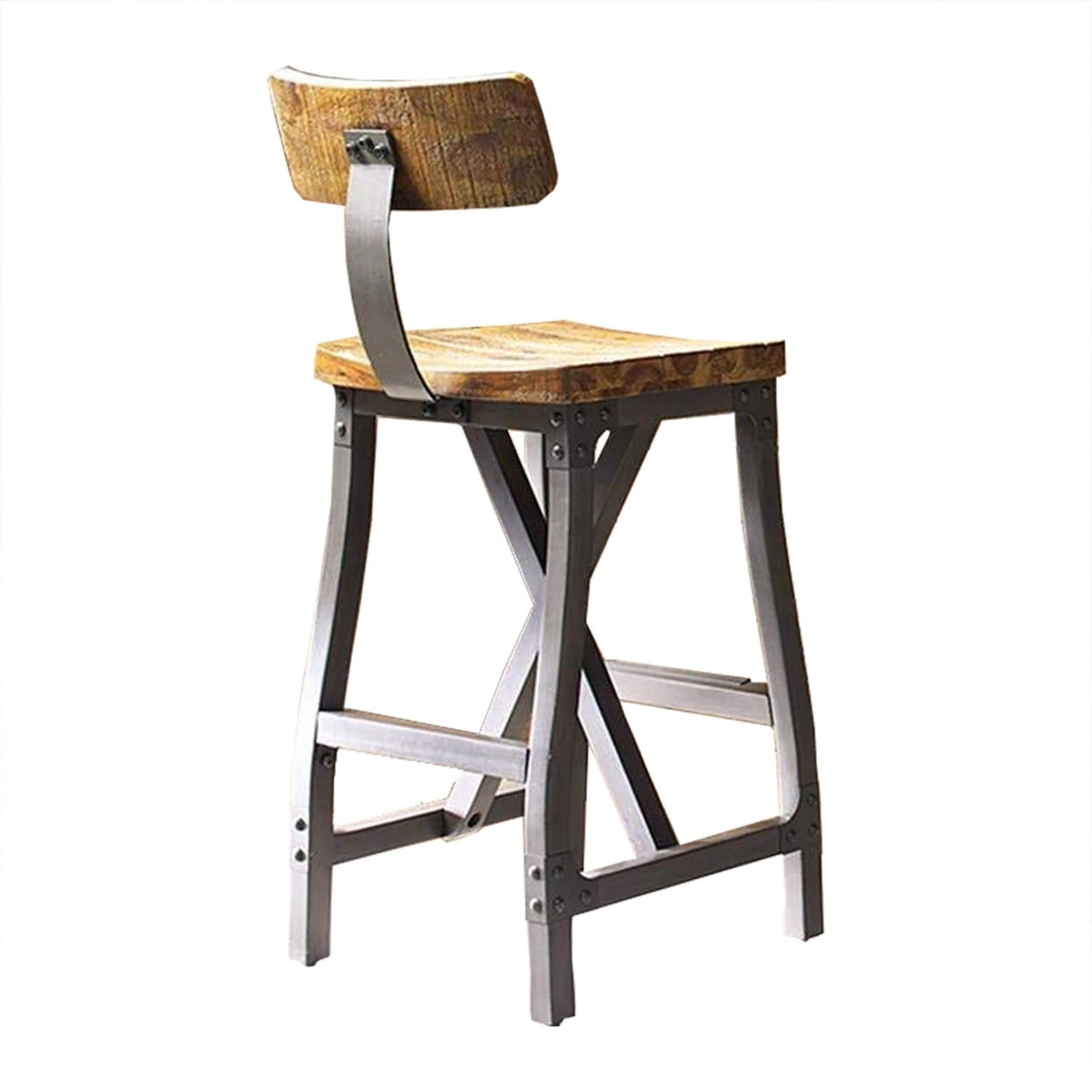 Amber Wood and Graphite Metal X-Base Bar Stool