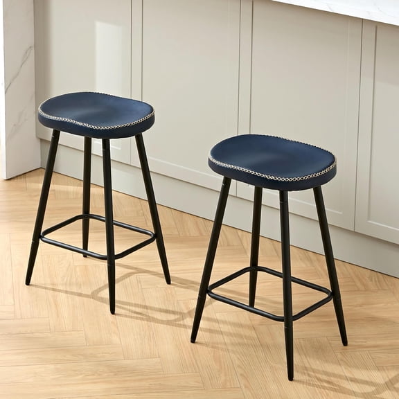 Barstools Counter Stools Set of 2, Modern 24 inch Counter Height Stools, Faux Leather Backless Bar Stools for Kitchen Island, Navy Blue