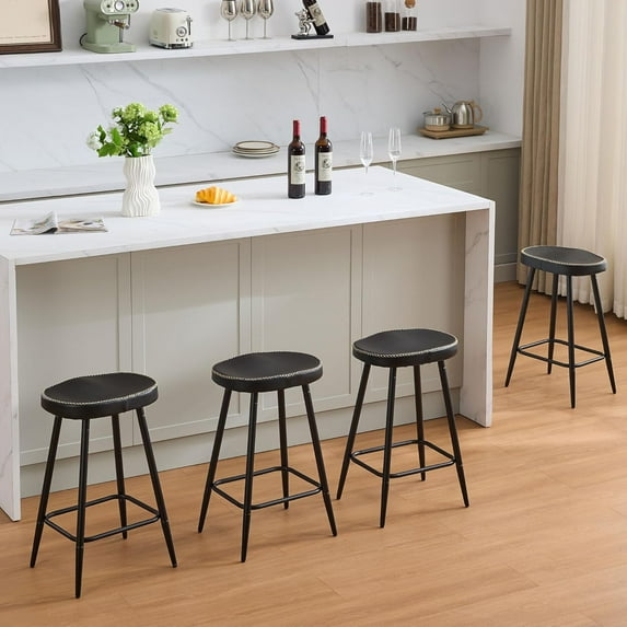 Barstools Counter Stools Set of 4, Backless Saddle Stools Leather Counter Height Stools, 24 inch Modern Bar Stools for Kitchen Island, Black