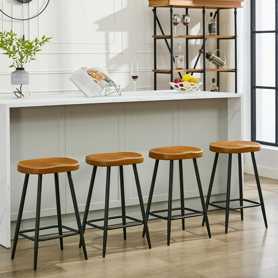Barstools Counter Stools Set of 4, Backless Saddle Stools Leather Counter Height Stools, 24 inch Modern Bar Stools for Kitchen Island, Whiskey Brown