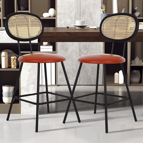 Barstools Set of 2, Faux Leather Counter Stool with Rattan Backrest Modern Industrial Upholstered Counter Height Stools Urban Mid Century Bar Chairs with Footrest for Kitchen Dining Room Wine Bar
