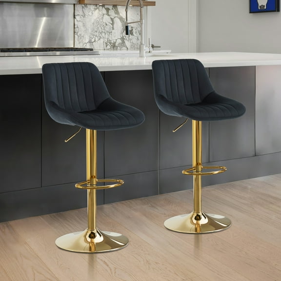 Barstools Set of 2, Swivel Counter Height Adjustable Barstools with Back, Upholstered PU Leather Bar Chair with Footrest, Modern Armless Kitchen Island Stool, Black