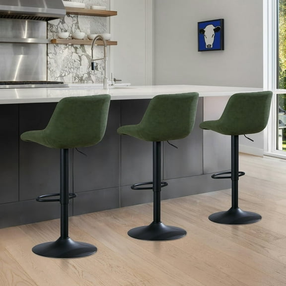 Barstools Set of 3, Swivel Counter Height Adjustable Barstools with Back, Upholstered PU Leather Bar Chair with Footrest, Modern Armless Kitchen Island Stool, Green