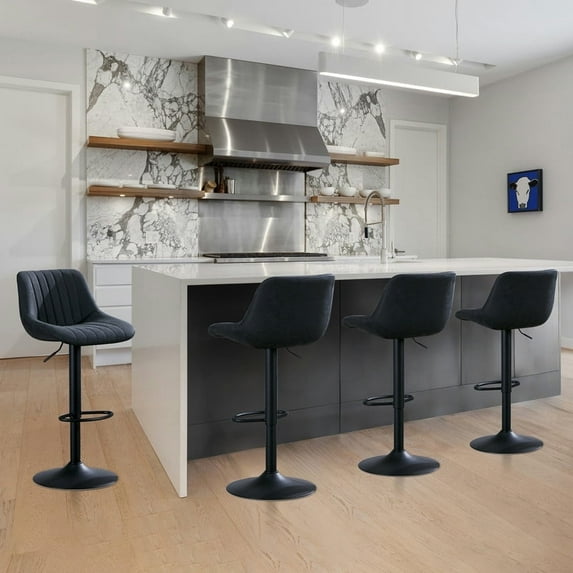 Barstools Set of 4, Swivel Counter Height Adjustable Barstools with Back, Upholstered PU Leather Bar Chair with Footrest, Modern Armless Kitchen Island Stool, Black