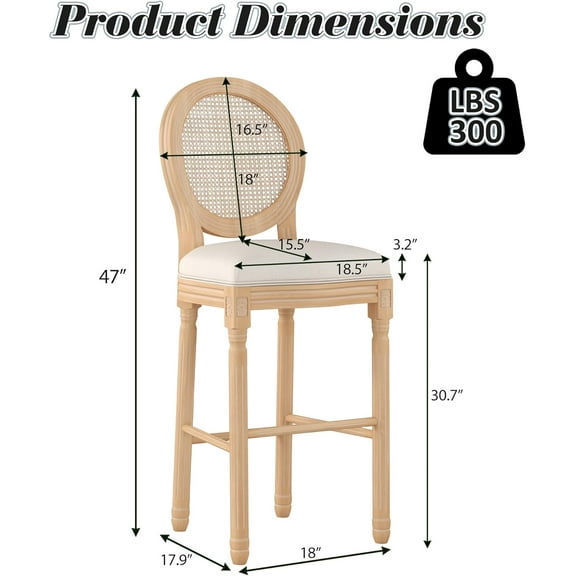 Barstools Set of 4, Upholstered French Country Bar Stools with Linen Fabric Rattan Back, 30 Inch Height Counter Chairs with Solid Wood Frame for Kitchen Dining Room Farmhouse Beige