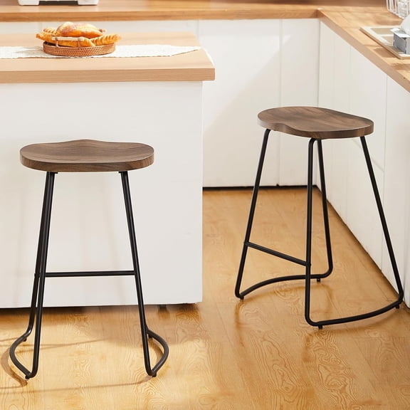 Barstools Set of 2, 26" Counter Height, 400LBS Capacity, Rustic Backless Wood Saddle Seat Bar Chairs for Kitchen Island, Brown, MDF & Metal Base