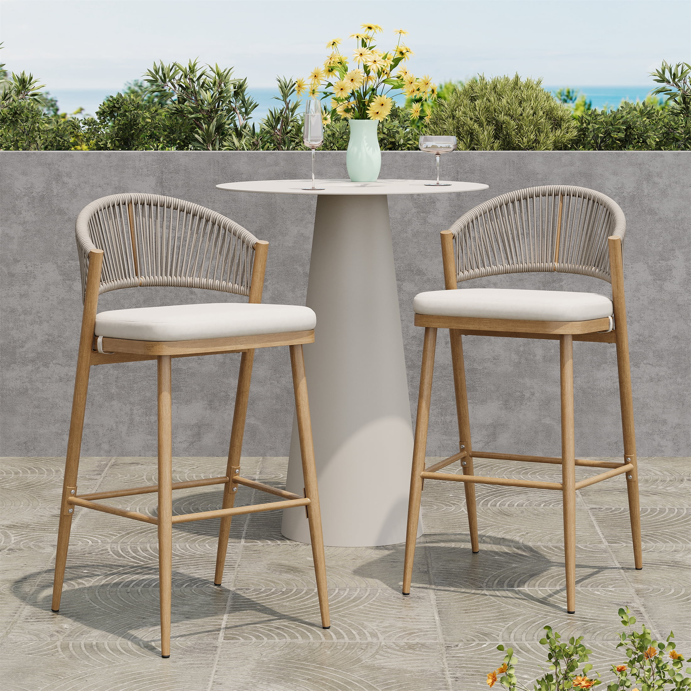 Barstools Set of 2, Outdoor 30.25 Inch Seat Height Aluminum Frame Stools with PE Rattan Scallop-Shaped Backrest, Maple Finish