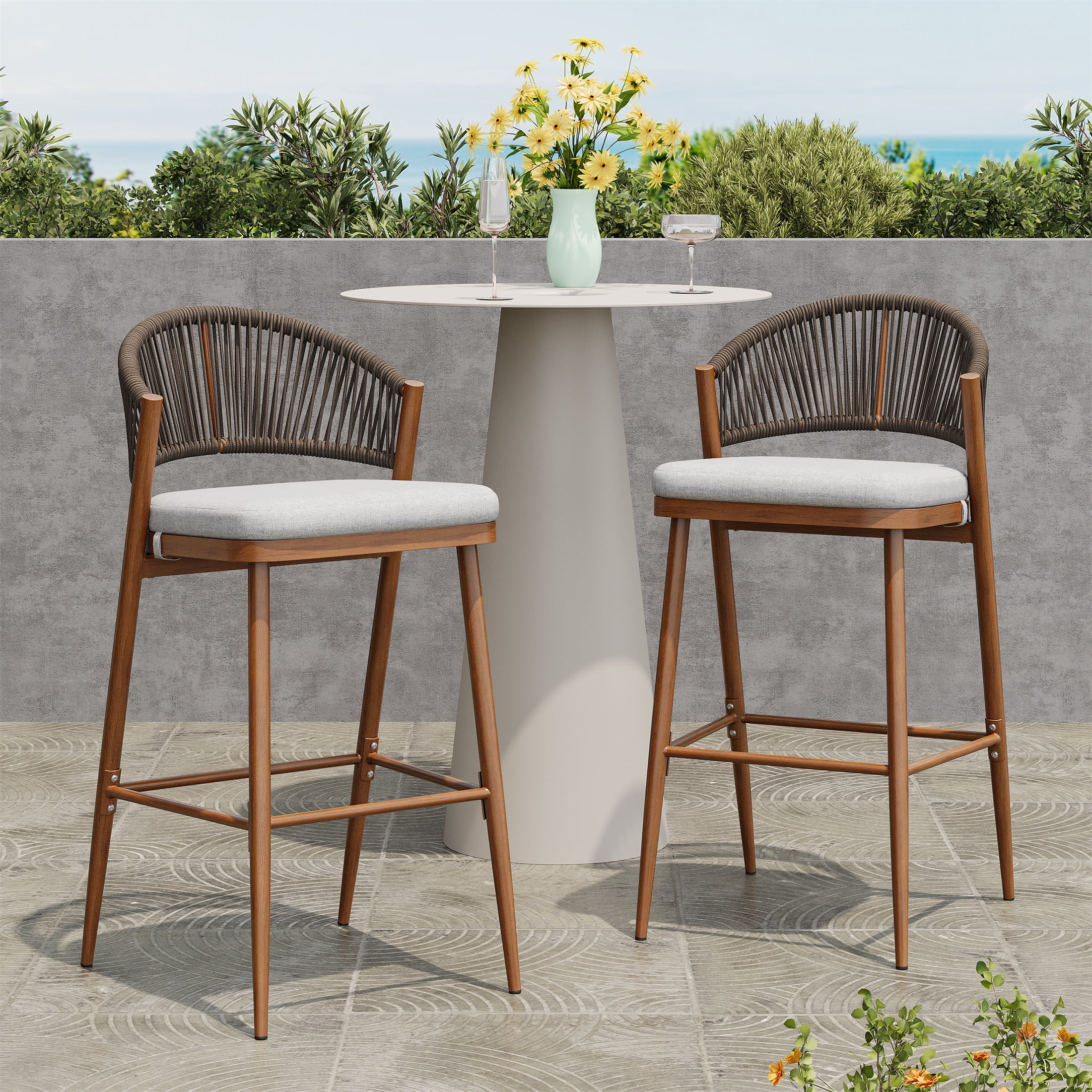 Barstools Set of 2, Outdoor 30.25 Inch Seat Height Aluminum Frame Stools with PE Rattan Scallop-Shaped Backrest, Teak Finish