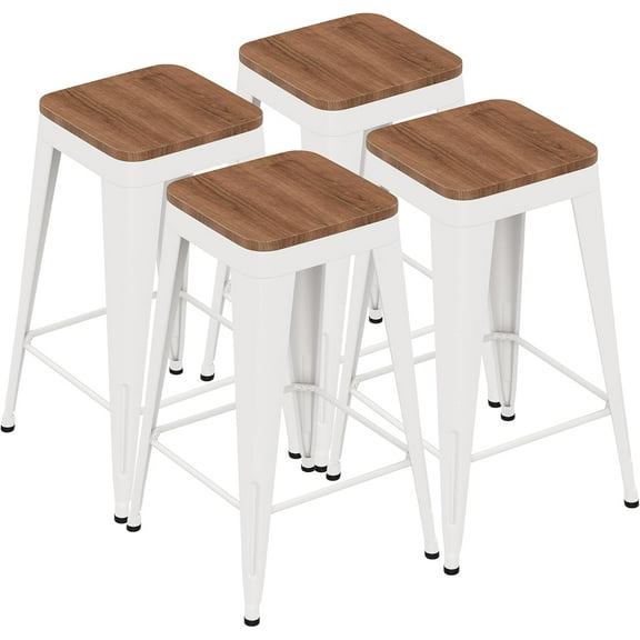 Barstools Set of 4 White Metal Bar Stools Industrial Modern Bar Chairs with Wood Top for Kitchen Island Counter Height Cafe Resturant Stools, 26 inch