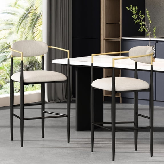 Barstools with Backs | Suitable for Kitchen Island and Home Bar Counter | Iron Frame, Textured Beige Fabric Seating | Compact Size for Small Spaces
