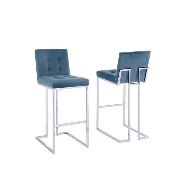 Barstools with Tufted Seats in Teal Blue Velvet and Chrome Legs (Set of 2)