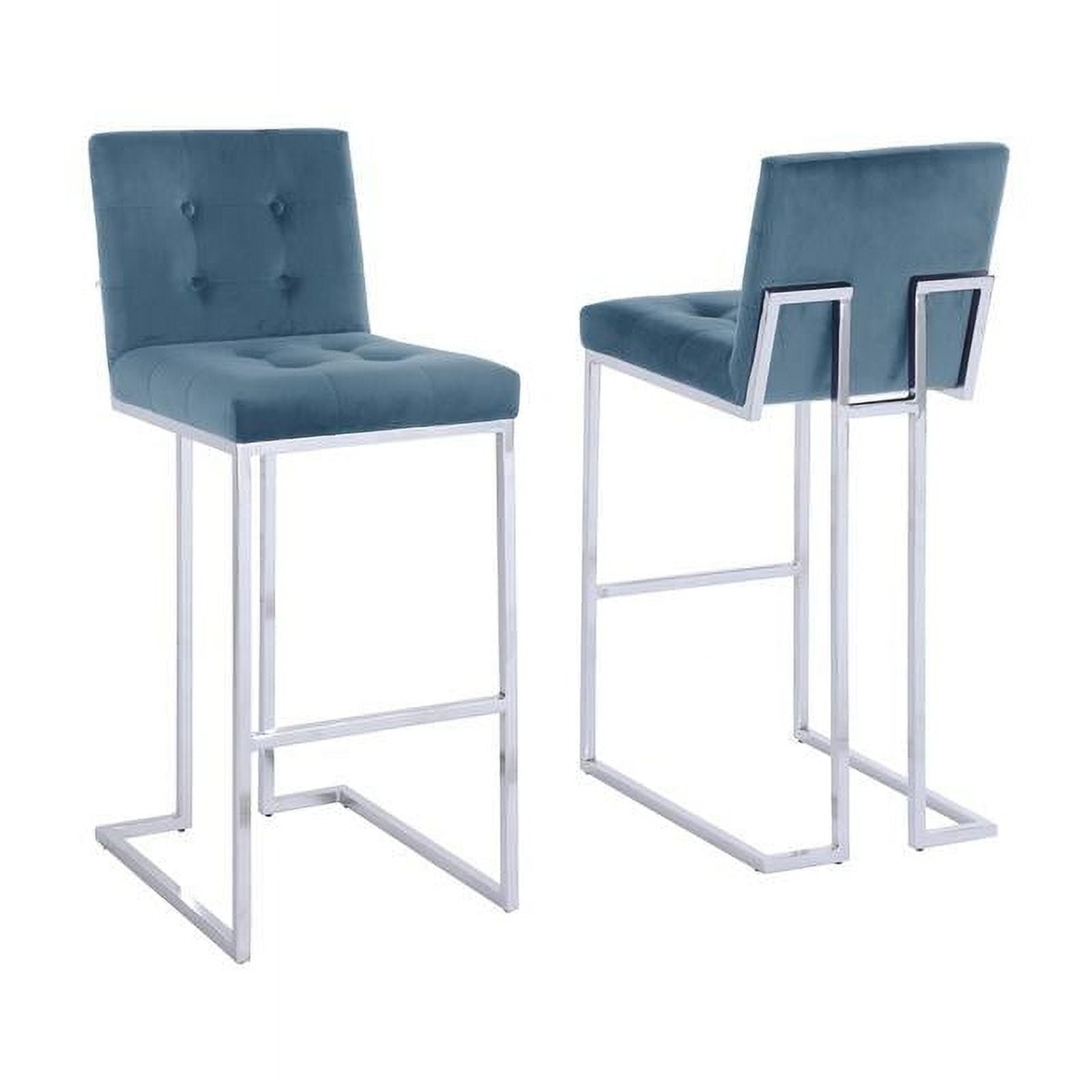 Teal Blue Velvet Tufted Barstools with Chrome Legs, Set of 2