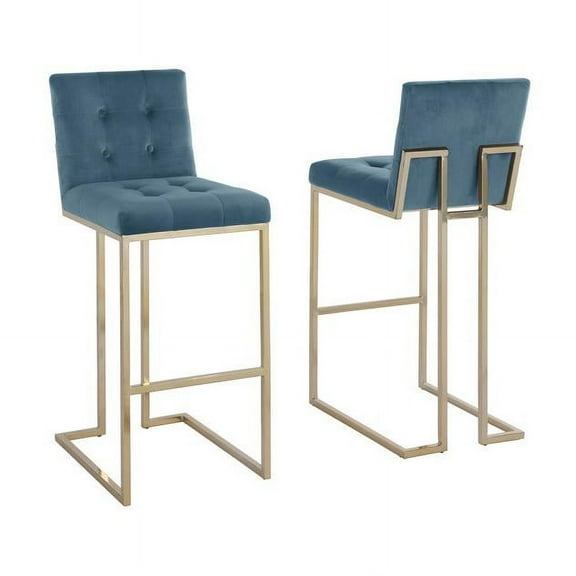 Barstools with Tufted Seats in Teal Blue Velvet and Gold Chrome Legs (Set of 2)