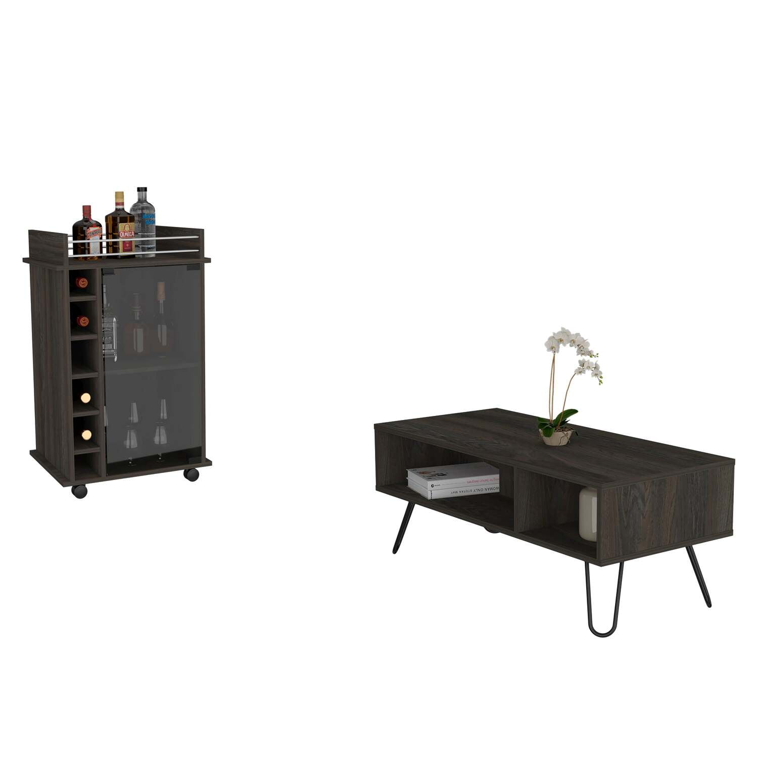 Espresso Finish Engineered Wood Bar Cart and Coffee Table Set