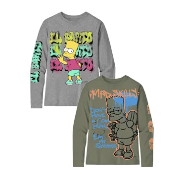Bart one Spray, Boys Graphic Crew Neck Long Sleeve T-Shirt, 2-Pack, Sizes 4-18 (Little Boys & Big Boys)