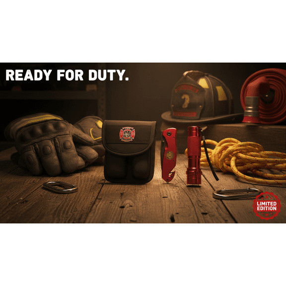 Bartech Pro Firefighter Knife LED Flashlight Combo, Belt Loop Carry Case, Fire Fighter Red