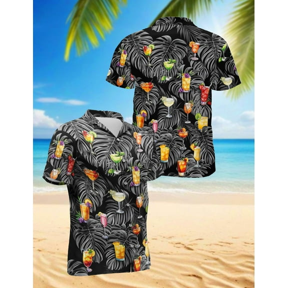 Bartender Cocktails Hawaiian Shirt for Men, Tropical Style, Button Down Summer Beach Short Sleeve, S-5XL
