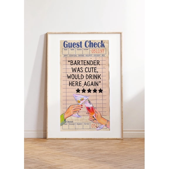 Bartender Was Cute Guest Check Print, Trendy Wall Art, Apartment Aesthetic Poster, Dorm Room Decor, Kitchen Art, Bar Cart Decor, Retro Bar Wall Art, Modern Wall Decor, 16x24 UNFRAMED