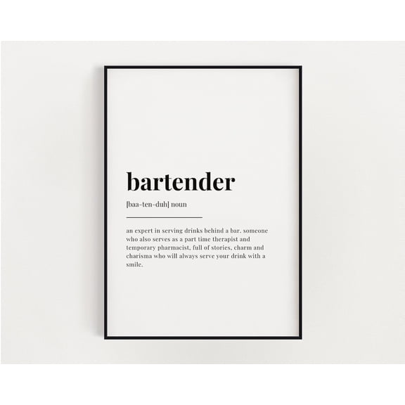 Bartender Definition Meaning, Wall Art, Bartender Gift, Print, Home Decor #2986, Unframed Canvas Size 24x36