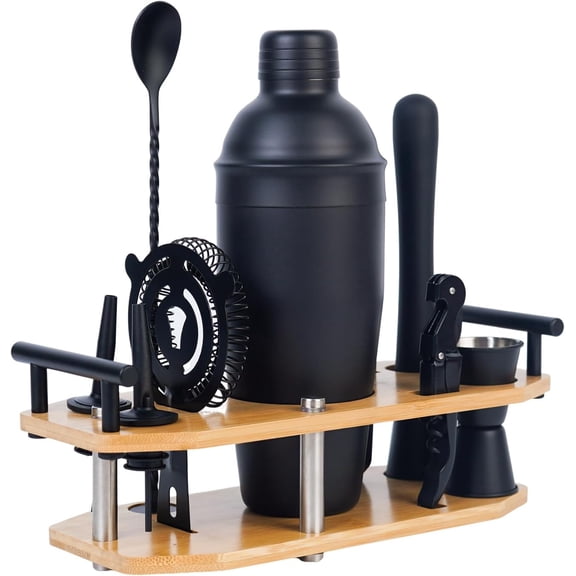 Bartender Kit 10-Piece Cocktail ShakersSuitable for Making Cocktails 25 oz. Cocktail Shaker - Equipped with a Stylish Detachable Bamboo Stand; Cocktail Shaker Set for Mixing Drinks,(Matte Black)