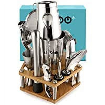 Prep & Savour Bartender Kit Cocktail Shaker With Stylish Bamboo  Stand,18-Piece Bar Tool Set With Recipes Booklet,Home Drink Mixer  Set(Silver)