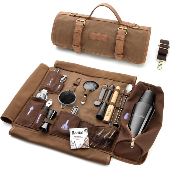 Bartender Kit Bag with Black Cocktail Shaker Set - Waxed Canvas, Traveling Bar Tools Bag with 17-Pc Cocktail Kit - Travel Mixology Bartending Kits - Mobile Bar Roll with Strap & Accessories