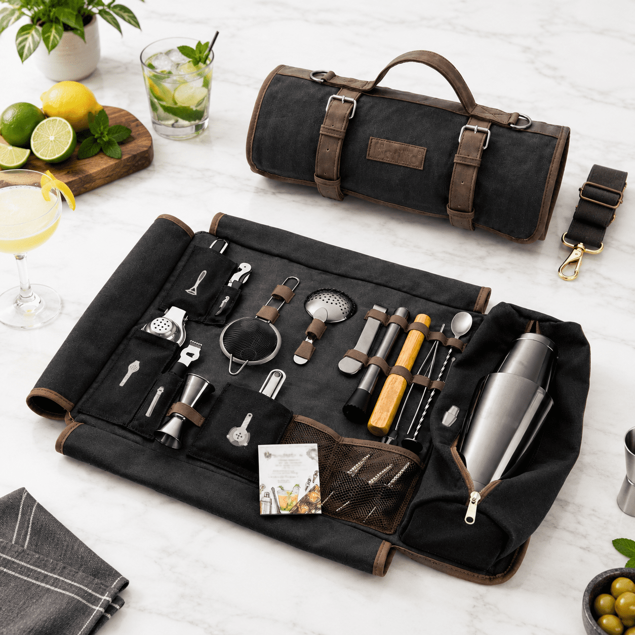 Bartender Kit Bag With Black Cocktail Shaker Set - Waxed Canvas ...