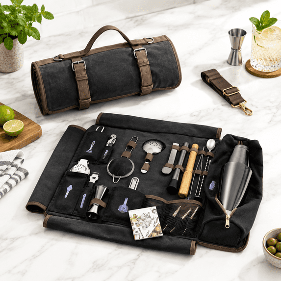 Bartender Kit Bag With Black Cocktail Shaker Set - Waxed Canvas ...