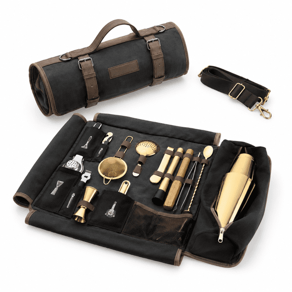 Bartender Kit Bag With Cocktail Shaker Set - Waxed Canvas Traveling Bar Tools 17-pc Travel Mixology Bartending Kits Mobile Roll S