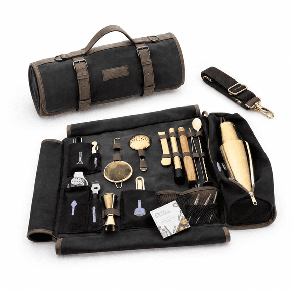 Bartender Kit Bag With Cocktail Shaker Set - Waxed Canvas Traveling Bar ...