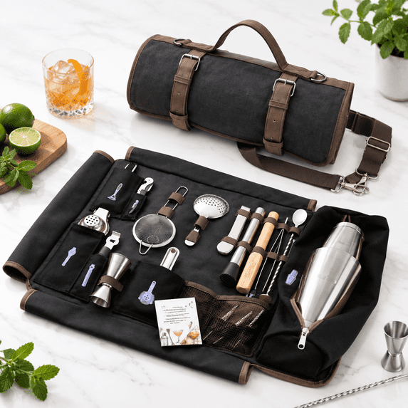 Bartender Kit Bag With Cocktail Shaker Set - Waxed Canvas Traveling Bar ...