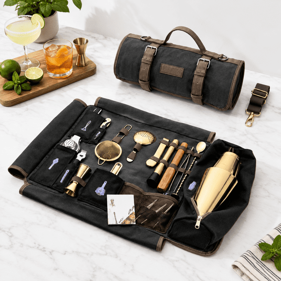 Bartender Kit Bag With Cocktail Shaker Set - Waxed Canvas Traveling Bar Tools 17-pc Travel Mixology Bartending Kits Mobile Roll S