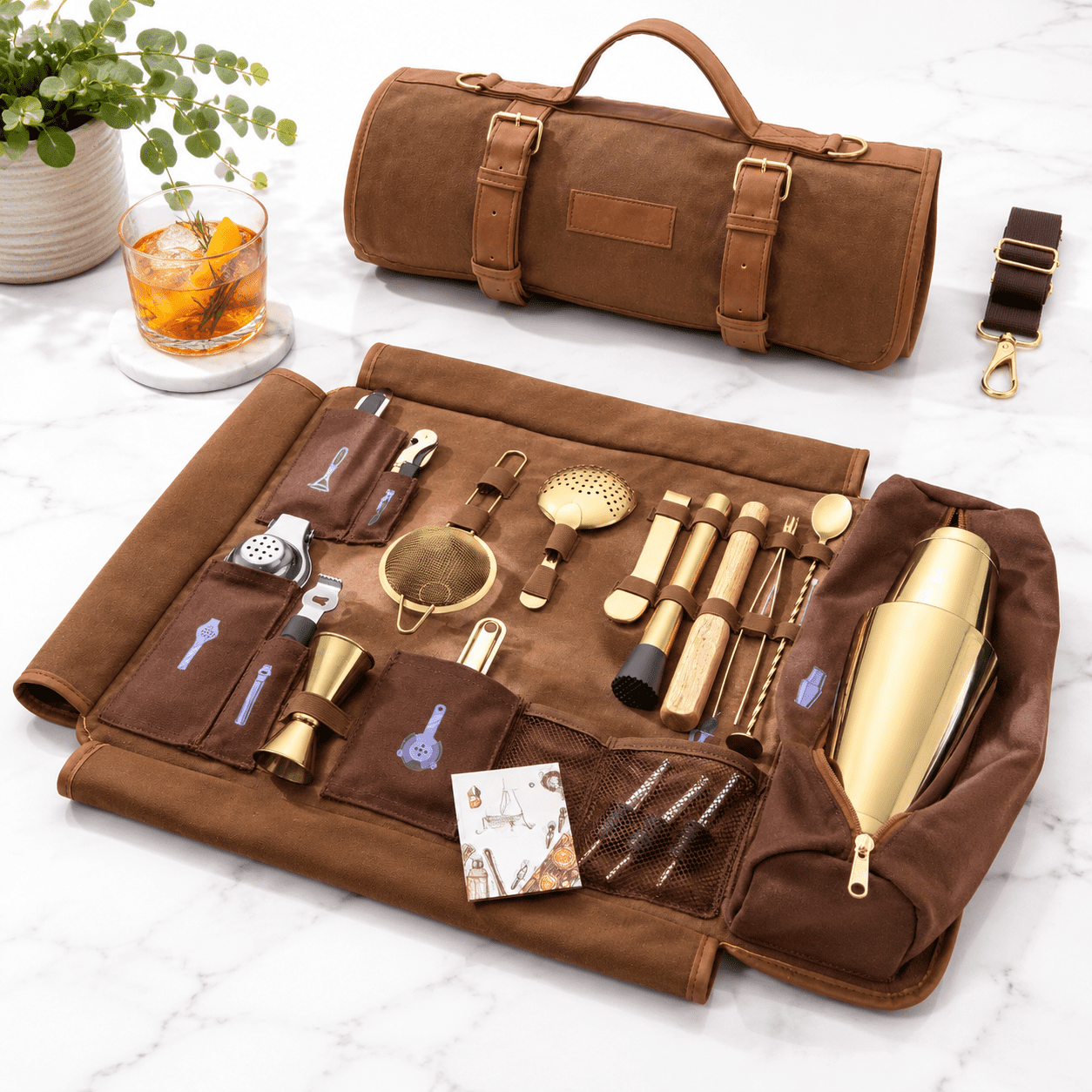 Bartender Kit Bag With Cocktail Shaker Set - Waxed Canvas Traveling Bar ...