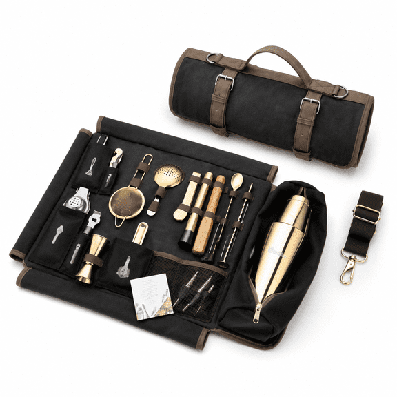 Bartender Kit Bag With Cocktail Shaker Set - Waxed Canvas Traveling Bar Tools 17-pc Travel Mixology Bartending Kits Mobile Roll S