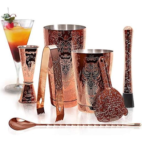Bartender Kit Cocktail Shaker Set-6 Pieces Stainless Steel Copper Plated Etching Bar Tools with Boston Shaker Tins,Mixing Spoon,Mojito Muddler,Jigger,Hawthorne Strainer,Ice Tongs