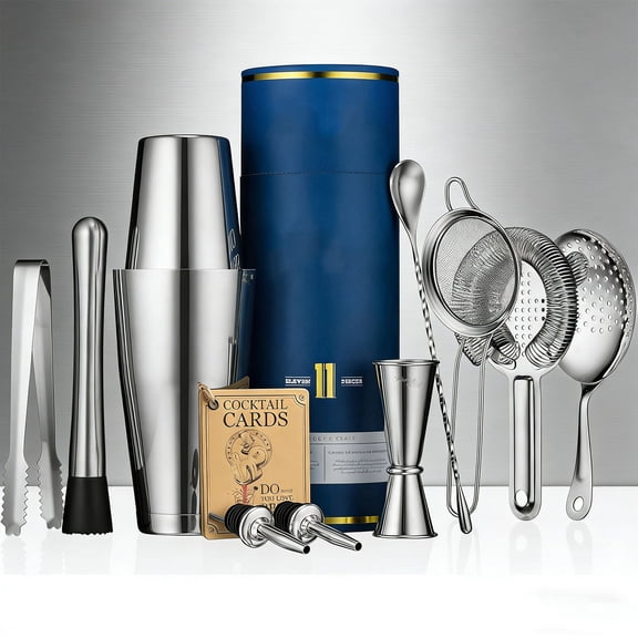 Bartender Kit with Stainless Steel Boston Shaker Bottle | 11-Piece Cocktail Shaker Set with Weighted Design, Premium Bar Accessories, Tools for Home or Portable Bar, Martini Shaker & Mixology Gift