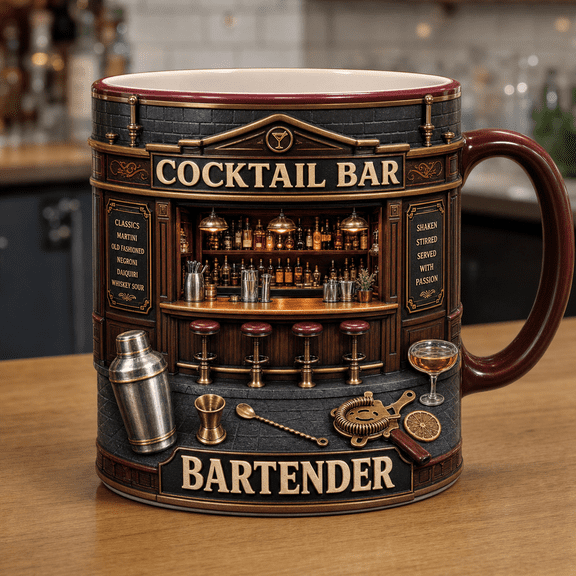 Bartender Mug 3D Effect Cocktail Bar Counter Coffee Cup with Cocktail Tools Gift