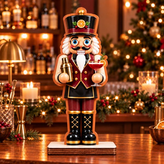 Bartender Nutcracker Wooden Block Figure for Christmas Bar Display, Cocktail Host Gift