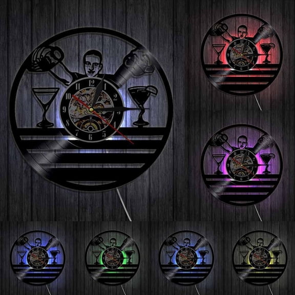 Bartender Wall Clock Pub Bar Barman Business Hanging Sign Wine Guy Decorative Cocktail Wall Art Vintage Vinyl Record Wall Clock