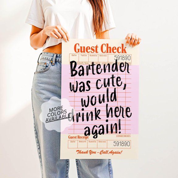 Bartender Was Cute Print Retro Guest Check Wall Art, Funny Above Bar Cart & Kitchen Decor, Printable, Poster Only