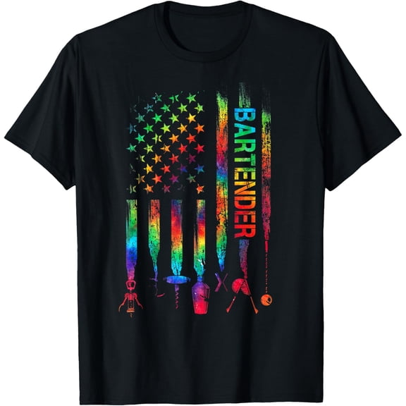 Bartender With American Flag Tie Dye Bartending Father's day T-Shirt for Women Men100% pure cotton short-sleeved shirt for both men and women