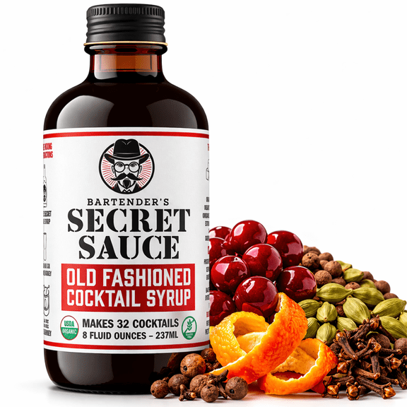 Bartenders Secret Sauce Organic Old Fashioned Cocktail Syrup, 8 Ounce Glass Bottle, 1 pack, USDA Organic, Gluten Free, Kosher