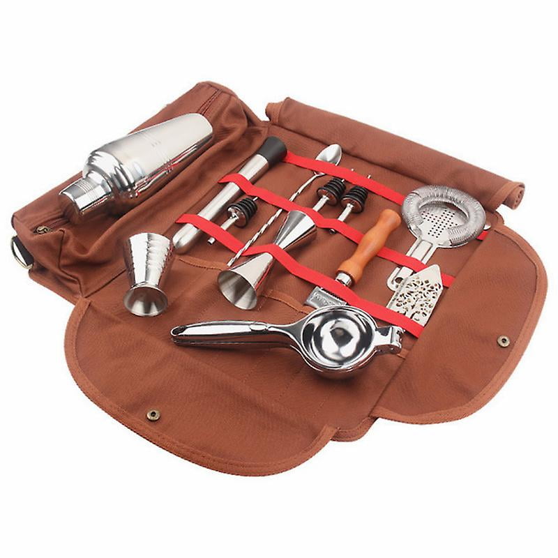 Bartending Kit Cocktail Bar Roll and Accessory Organizer Brown