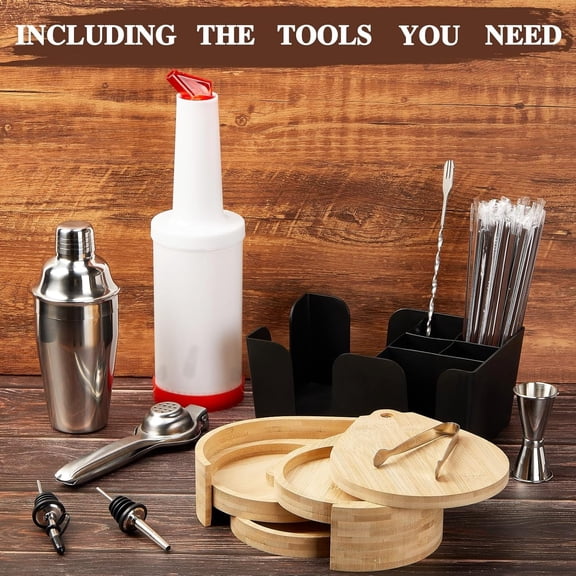 Bartending Supplies 3 Pcs Cocktail Shaker Set, 3 Tier Rimmers 12 Bottle Pourer 2 Plastic Juice Pour Bottle, Caddy, 500 Stirrers, Serving Tongs Set, Sponges, Hand Juicer, Bartender Kit