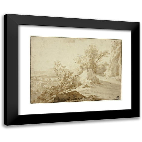 Bartholomeus Breenbergh 24x19 Black Modern Framed Museum Art Print Titled - Rocks and Mountain Path, Figures and Town Below