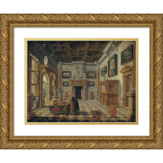 Bartholomeus van Bassen 24x19 Gold Ornate Framed and Double Matted Museum Art Print Titled - Sumptuous Renaissance Interior with Tric-Trac Players (1622 - 1630)
