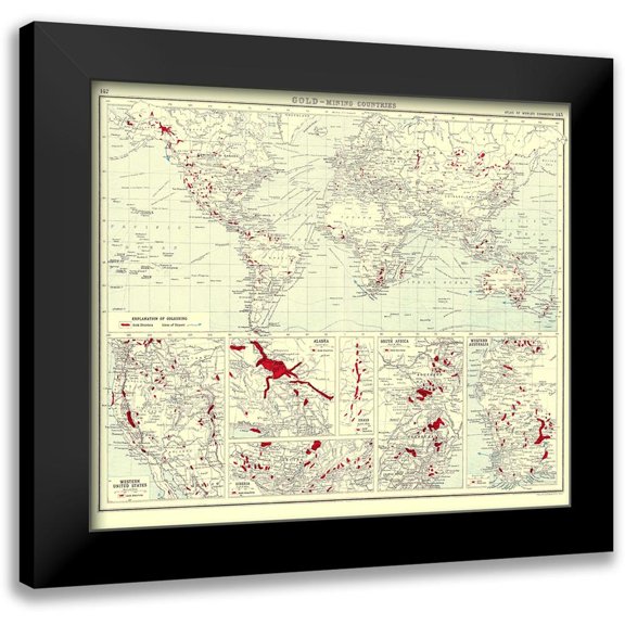 Bartholomew 13x12 Black Modern Framed Museum Art Print Titled - Global Gold Mining Countries - Bartholomew 1907