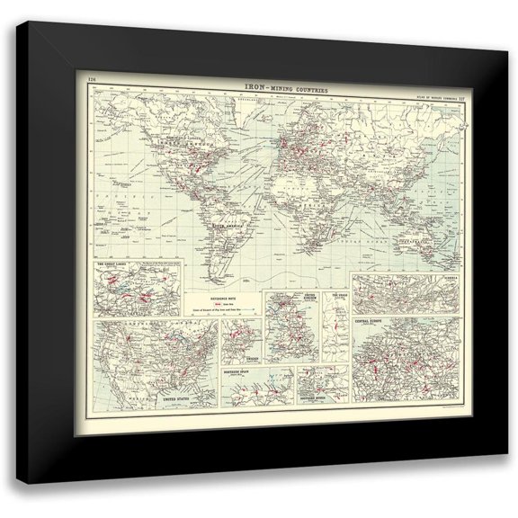 Bartholomew 13x12 Black Modern Framed Museum Art Print Titled - Global Iron Mining Countries - Bartholomew 1907