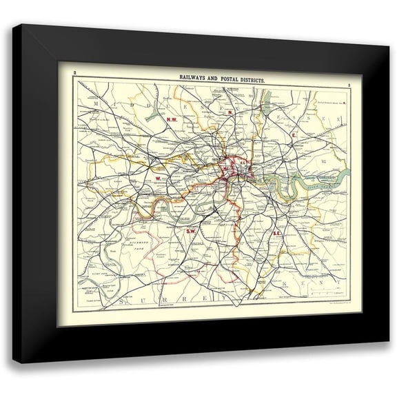 Bartholomew 14x12 Black Modern Framed Museum Art Print Titled - Railways Postal Districts London UK
